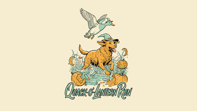 Vintage Illustration of a Golden Retriever and Mallard Duck Wearing Witch Hats Running Through Water with Pumpkins and Shotgun Shells, Quack-O-Lantern Run Halloween Hunting Concept.