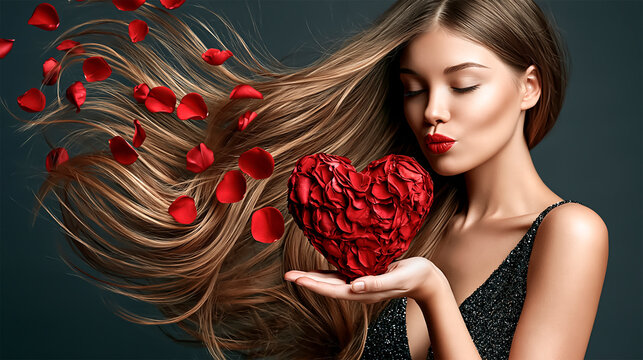 A beautiful, glamorous young woman with long hair holds a heart made of red rose petals in her hand.