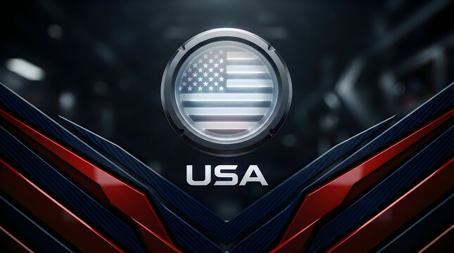 Shiny metallic american flag emblem with usa text on a dark abstract background