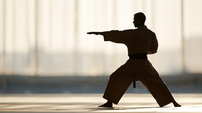 Silhouette of martial artist in a powerful stance against bright window light, showcasing strength, discipline, focus, and athletic ability