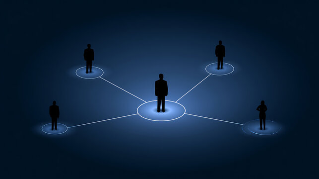 Corporate business network structure diagram with silhouette figures connected by light lines in dark blue digital communication concept background