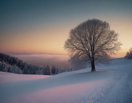 Winter solstice sunset scene with tree