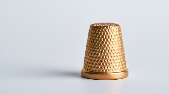 A single golden sewing thimble isolated on clean white background, showcasing detailed texture and classic craft tool design for creative pr