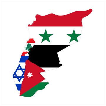 Flag map outline shape of Levant Countries - Israel, Jordan, Lebanon and Syria. Flags of countries fill the shapes with their colors. Symbol of regional cooperation, identity and partnership