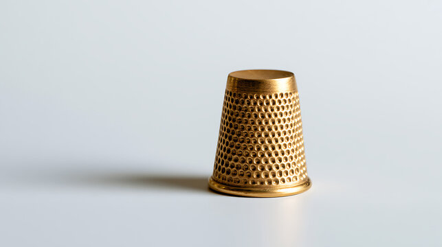 A single golden sewing thimble stand alone on a clean light gray surface, studio shot with soft shadow for craft and tailory design
