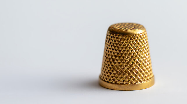 Close-up view of a classic golden sewing thimble isolated on a clean white background, highlighting metal texture and accessory design