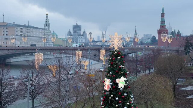 New Year Christmas tree and Moscow Kremlin in snowless December, Russia