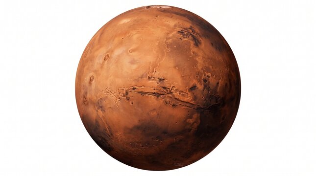 Mars spherical planet topography with detailed surface features in natural light