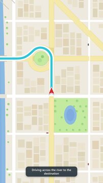 Vertical animated GPS map tracks a car route through city streets to a destination pin. Flat design journey tracker with river and parks for travel and mobile navigation themes.