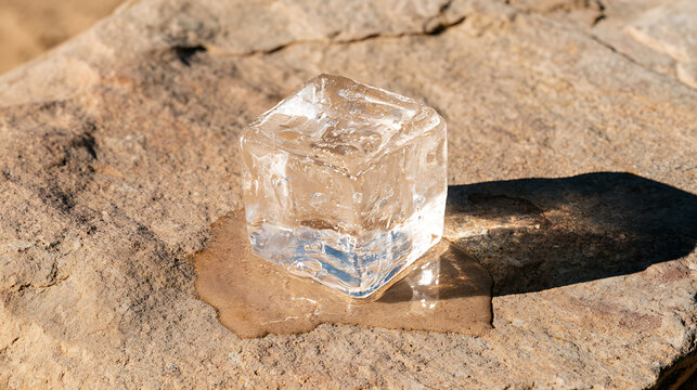 A single transparent ice cube melting on a warm rough rock surface under bright sunlight creating a sharp shadow in a natural outdoor setting