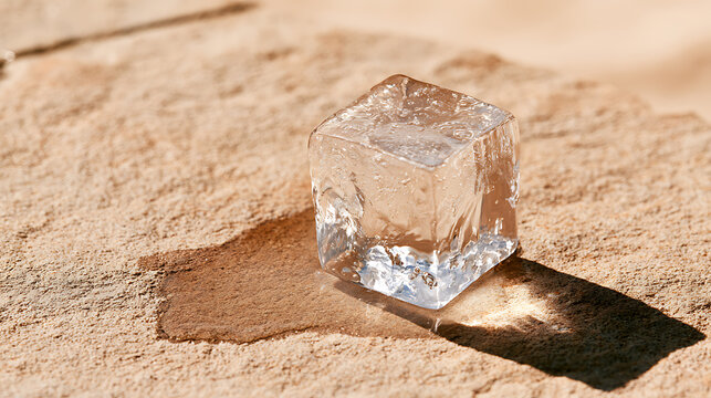 A single transparent ice cube melting on a textured rough stone surface under bright sunlight creating sharp shadows for summer drinks concept