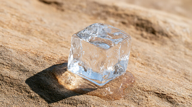 A single transparent ice cube slowly melt under the warm sun on a dry brown rock surface, showcasing contrast between cold and hot