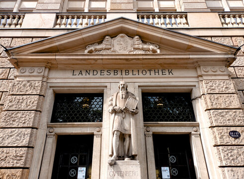 State Library entrance with Gutenberg statue on 23.06.2026 in Wiesbaden, Germany
