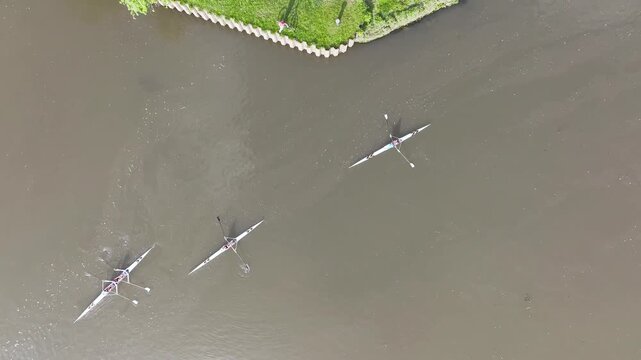 Top Down view over kayaks on the River Dart in Totnes from a drone, Devon, England