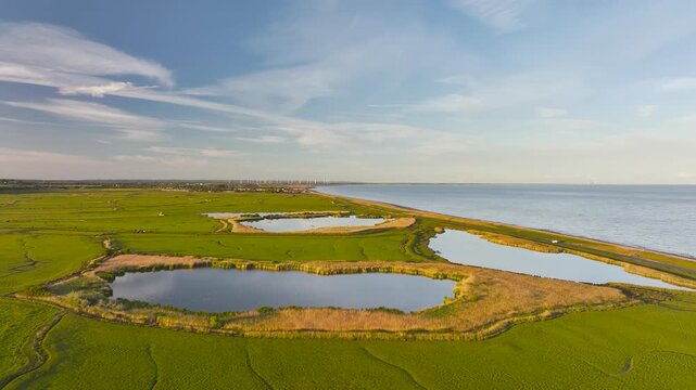 Marshes and Beach over Rye Bay from a drone, Rye, East Sussex, England
