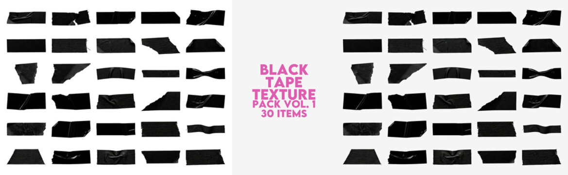 Collection of black adhesive tape strips, set of torn duct tape textures isolated on a transparent background for graphic design and digital scrapbooking projects