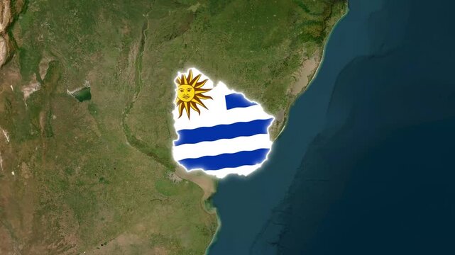 Uruguay map with national flag overlay, satellite view of South American country borders, geographic concept for travel and politics