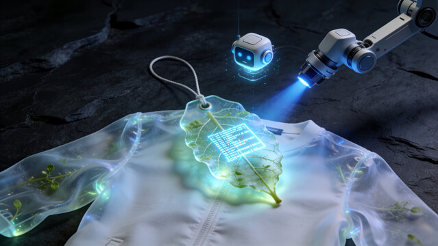 Robotic scanner using blue laser to analyze glowing green smart pendant microchip, futuristic nanotechnology, digital forensics and cybernetic wearable tech concept
