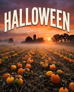 Vast pumpkin patch field under vibrant sunset sky for autumn halloween harvest.