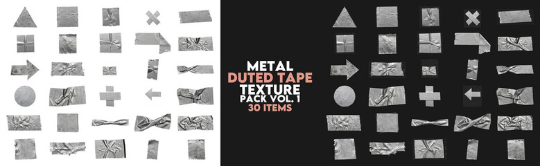 Obraz premium Collection of silver metallic duct tape strips and shapes, realistic 3D textured adhesive elements on transparent background for industrial design, packaging, and digital scrapbooking projects