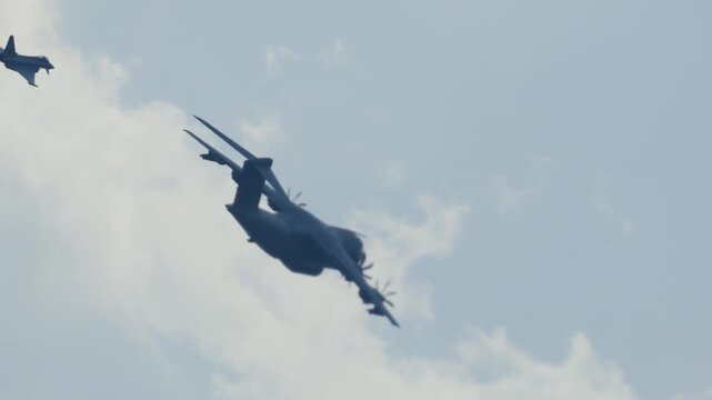 Military transport plane and fighter jet performing aerial acrobatics