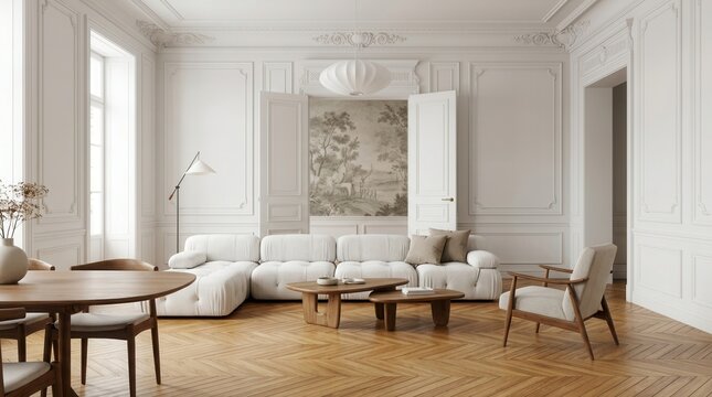 Modern Comfort and Vintage Charm in an Elegant Neutral Living Room Interior
