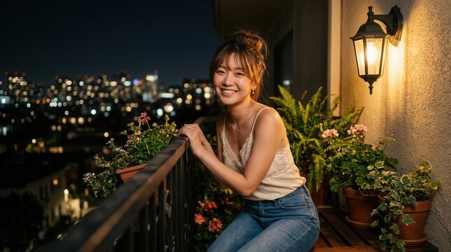 Smiling woman in a cream camisole leaning forward on a balcony at night with a wall lamp