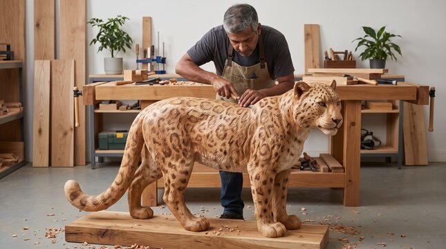 Handcrafted wooden snow leopard sculpture for modern home d&eacute;cor