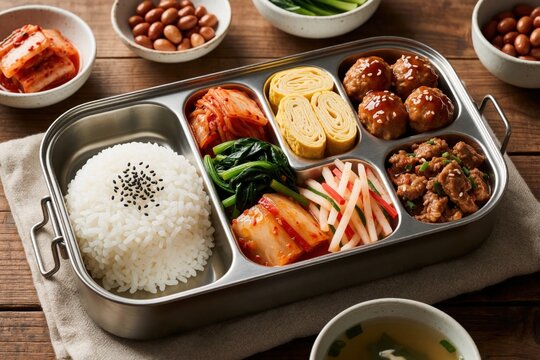 Korean lunch box dosirak filled with rice kimchi vegetables egg rolls meatballs and meat. Wholesome bento meal assortment with assorted sides provides balanced nourishment and variety.