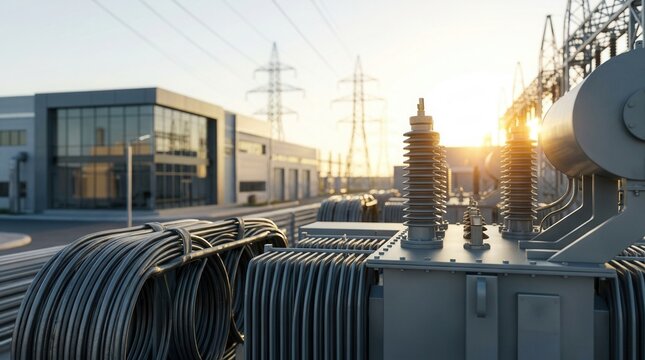 Sleek contemporary factory building beside an extensive outdoor electrical substation with grey transformers and coiled cabling under a bright sky
