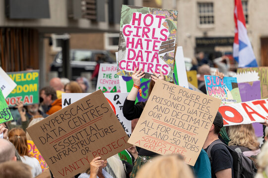 Signs and Placards From An Anti Data Center Protest Demonstration Outside Holyrood in Edinburgh, Scotland