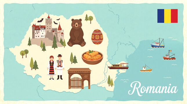 Romania illustrated map with traditional symbols and historical landmarks romanian flag national costumes folk art historic archite