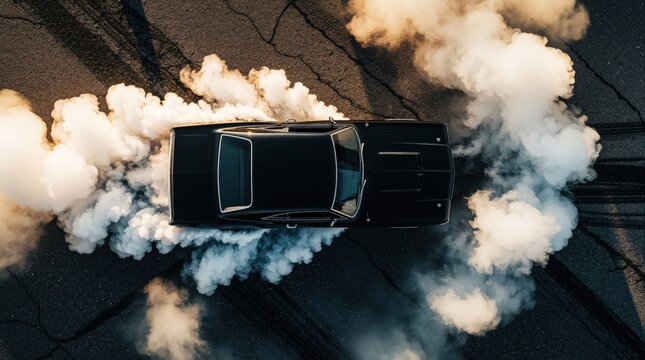 Black muscle car does burnout on asphalt road creating thick white smoke clouds. Overhead view shows tire marks and intense car performance. Action vehicle tires spin fast.