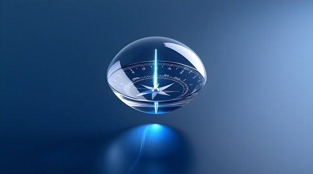 A futuristic glass sphere compass glowing with vibrant blue light and displaying navigational coordinates and directional points, representing advanced technology, space travel, and innovation.
