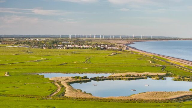 Marshes and Beach over Rye Bay from a drone, Rye, East Sussex, England