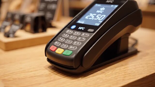 Contactless payment terminal on wooden counter in bakery shop with blurred product displays, showing card reader keypad screen and nfc checkout device for retail purchase transactions.