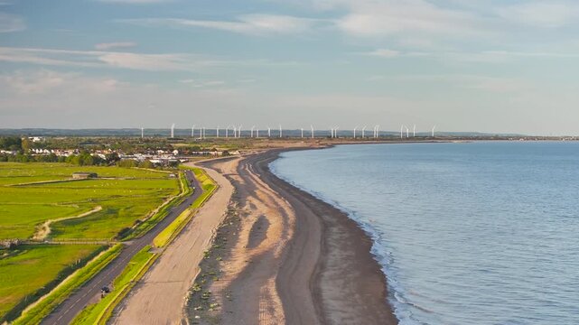 Marshes and Beach over Rye Bay from a drone, Rye, East Sussex, England