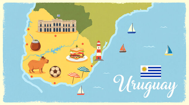 Uruguay map illustration featuring soccer ball lighthouse and traditional drink lighthouse landmark football vacation destination