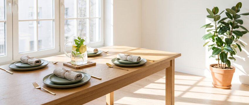 Sage green and gold brunch table beside sunlit window