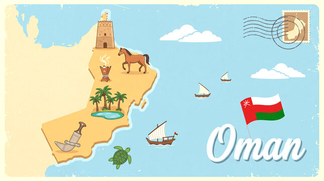 Illustrated vintage style map of oman featuring local architectural landmarks desert wildlife and national flag