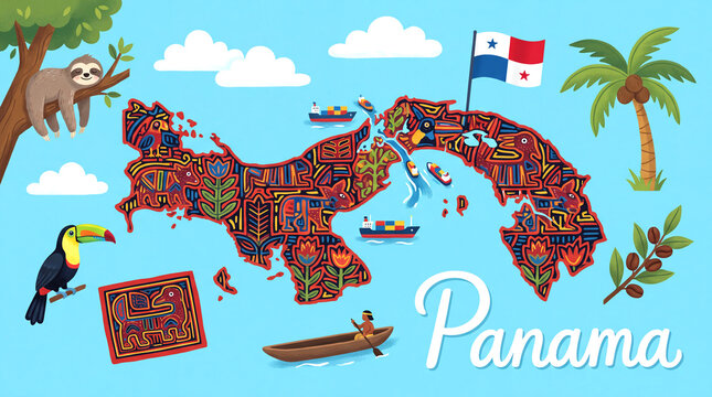 Illustrated decorative map of panama with national flag symbols and iconic wildlife panama illustration travel map art