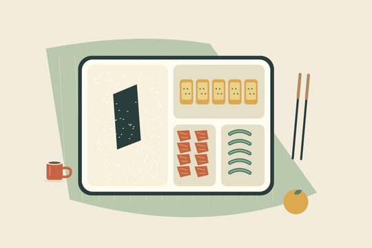 Korean lunch box vector illustration with side dishes and rice