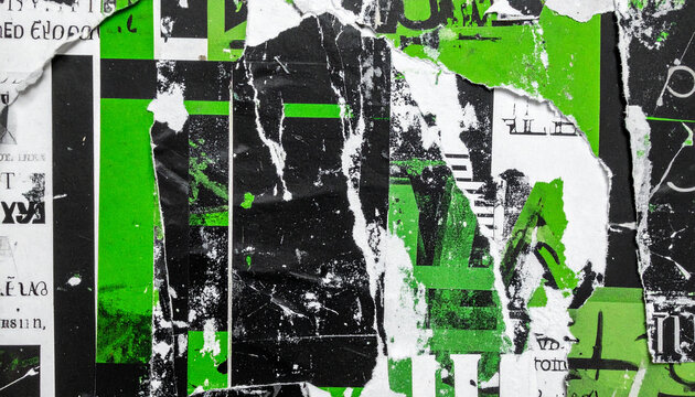 Black and green grunge collage with ripped paper, vintage newspaper scraps, faded prints and distressed surfaces, bold layered composition, rough textures, retro punk poster aesthetic.