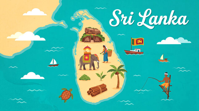 Illustrated map of sri lanka featuring island landmarks nature and culture country map national symbols south asia