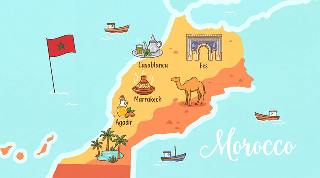 Illustrated tourist map of morocco featuring traditional architecture and camel morocco travel moroccan culture map vector