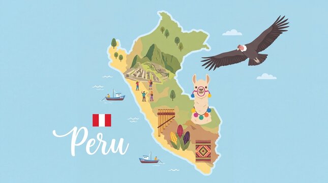 Illustrated tourist map of peru featuring ancient ruins and condor peru travel peruvian culture peruvian flag map vector