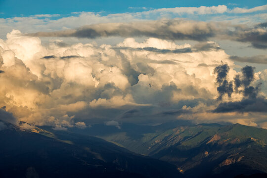 Stormy alpine landscape in Svaneti on cloudy summer day. Caucasus peaks in Georgia. Amazing view on wild georgian nature.	