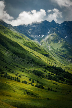 Scenic stormy summer landscape of Dadiashi Mountain (3 537m) in the Greater Caucasus Range, Georgia