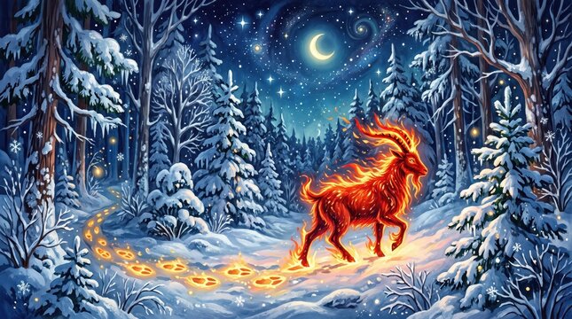 Mystical new year 2027 forest scene with glowing goat for holiday celebration and winter magic theme