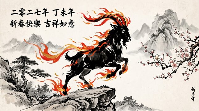 Majestic year of the goat chinese new year ink painting with blossoms and mountains for festive celebrations